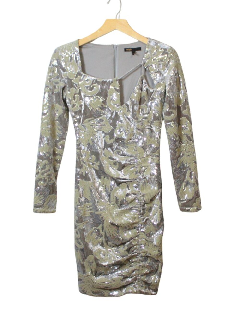 Maje women's dress size XS silver floral velvet sequin formal mini ruched cutout - Picture 2 of 14